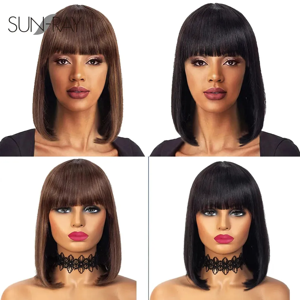 220nsity Short Straight Bob with Bang Human Hair Wigs Highlight Bob Fringe No Lace Full Machine Made Cheap Wigs for Women 8-16"