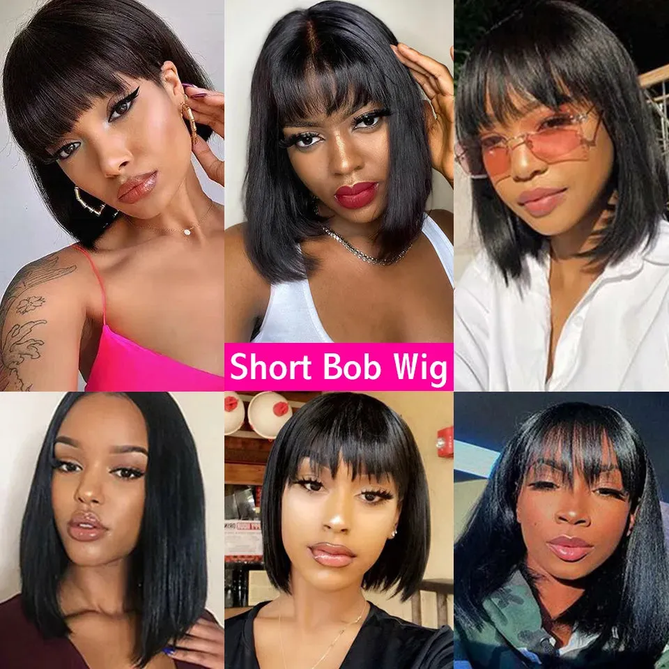 220nsity Short Straight Bob with Bang Human Hair Wigs Highlight Bob Fringe No Lace Full Machine Made Cheap Wigs for Women 8-16"