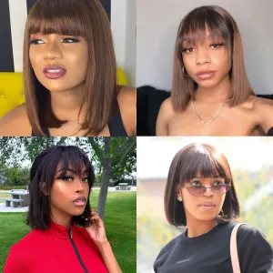 220�nsity Short Straight Bob with Bang Human Hair Wigs Highlight Bob Fringe No Lace Full Machine Made Cheap Wigs for Women 8-16"
