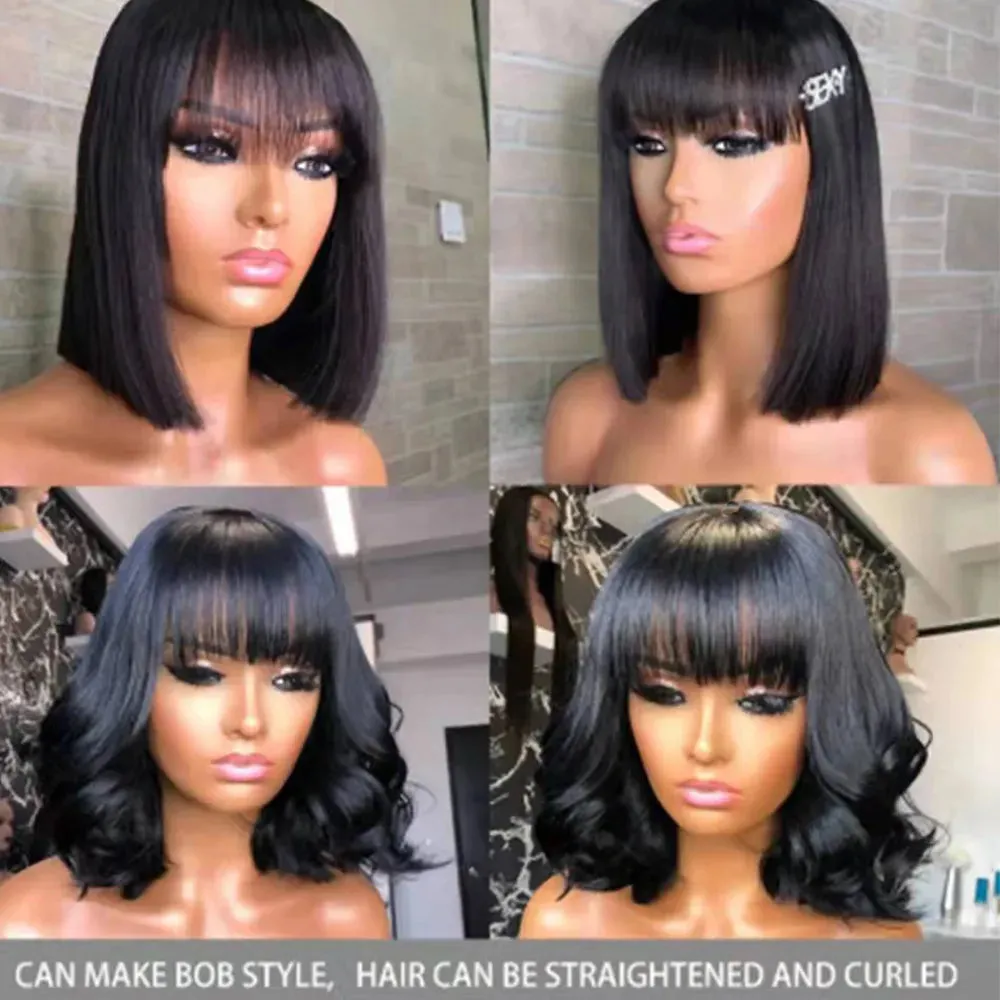 220nsity Short Straight Bob with Bang Human Hair Wigs Highlight Bob Fringe No Lace Full Machine Made Cheap Wigs for Women 8-16"