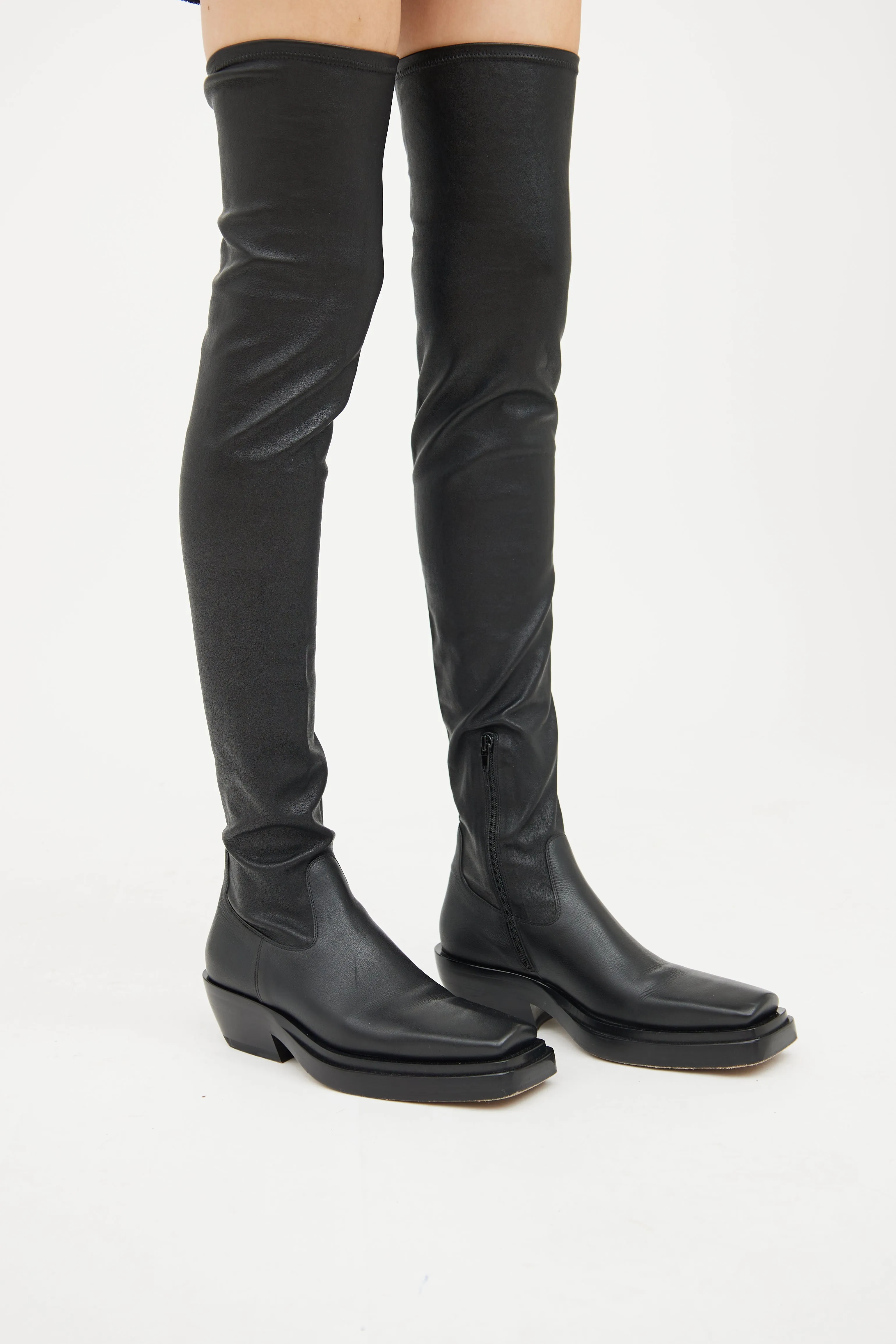 Black Leather Lean Thigh High Boot