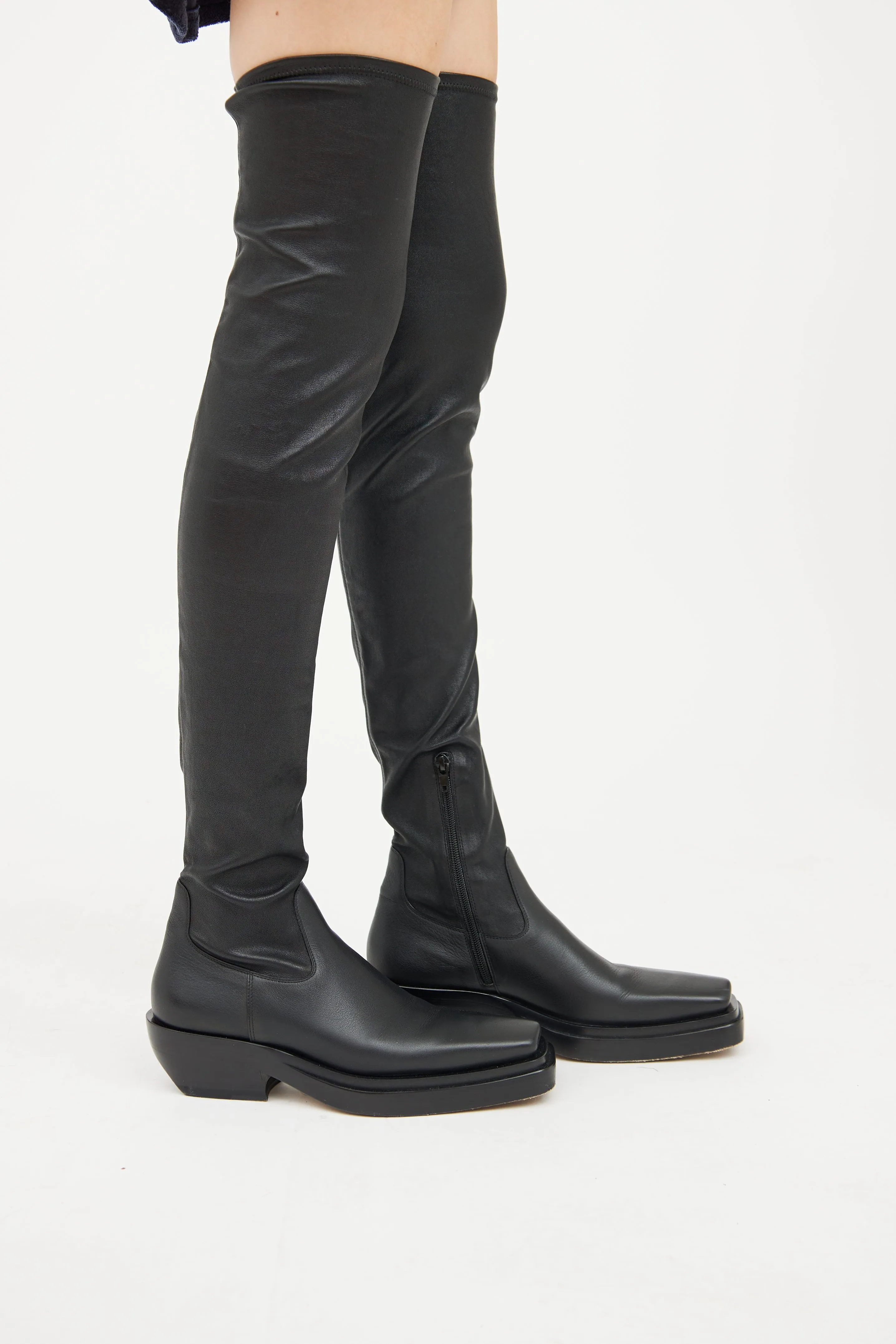 Black Leather Lean Thigh High Boot