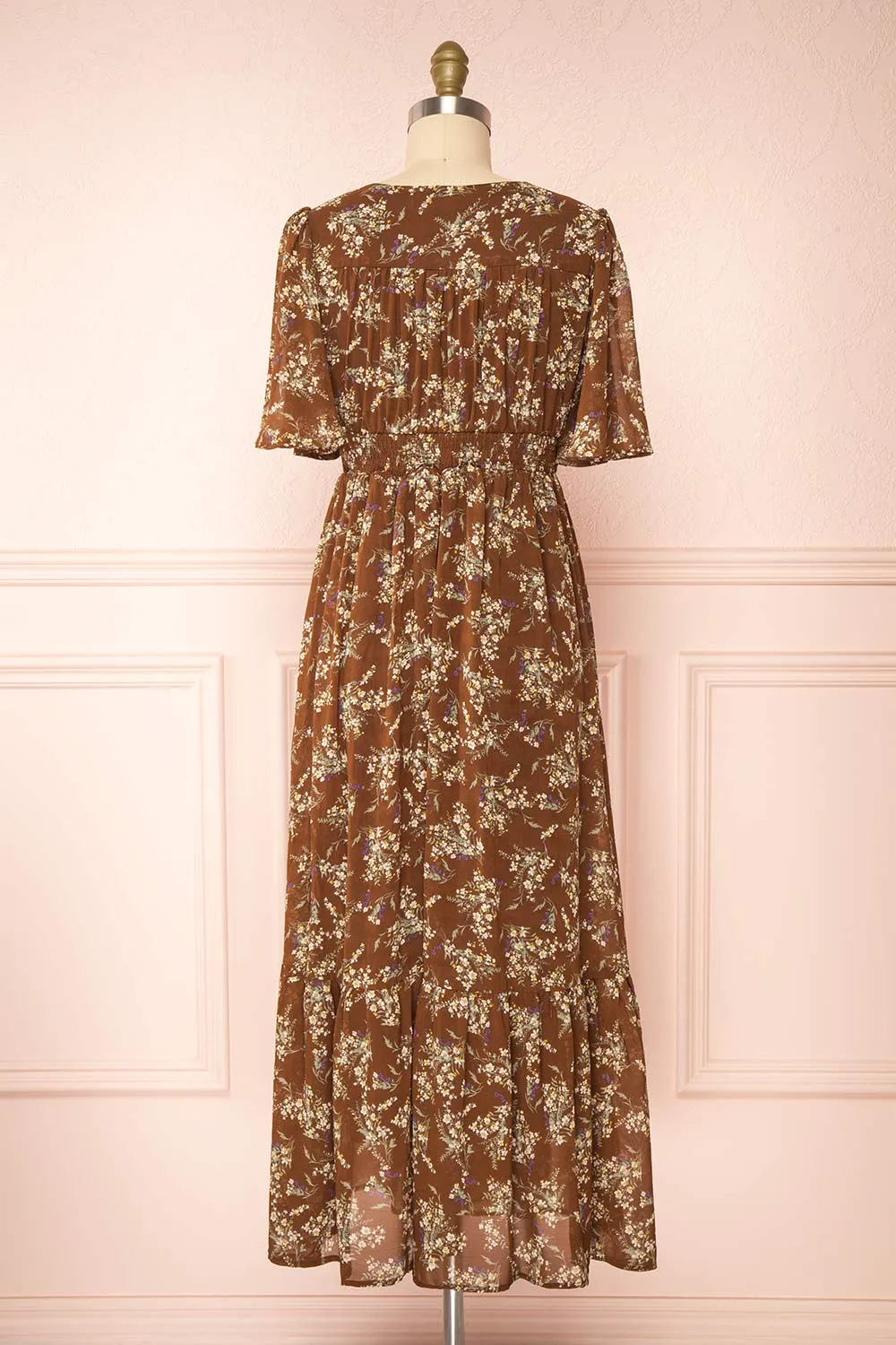 Britt Mocha | Floral Midi Dress w/ Short Sleeves