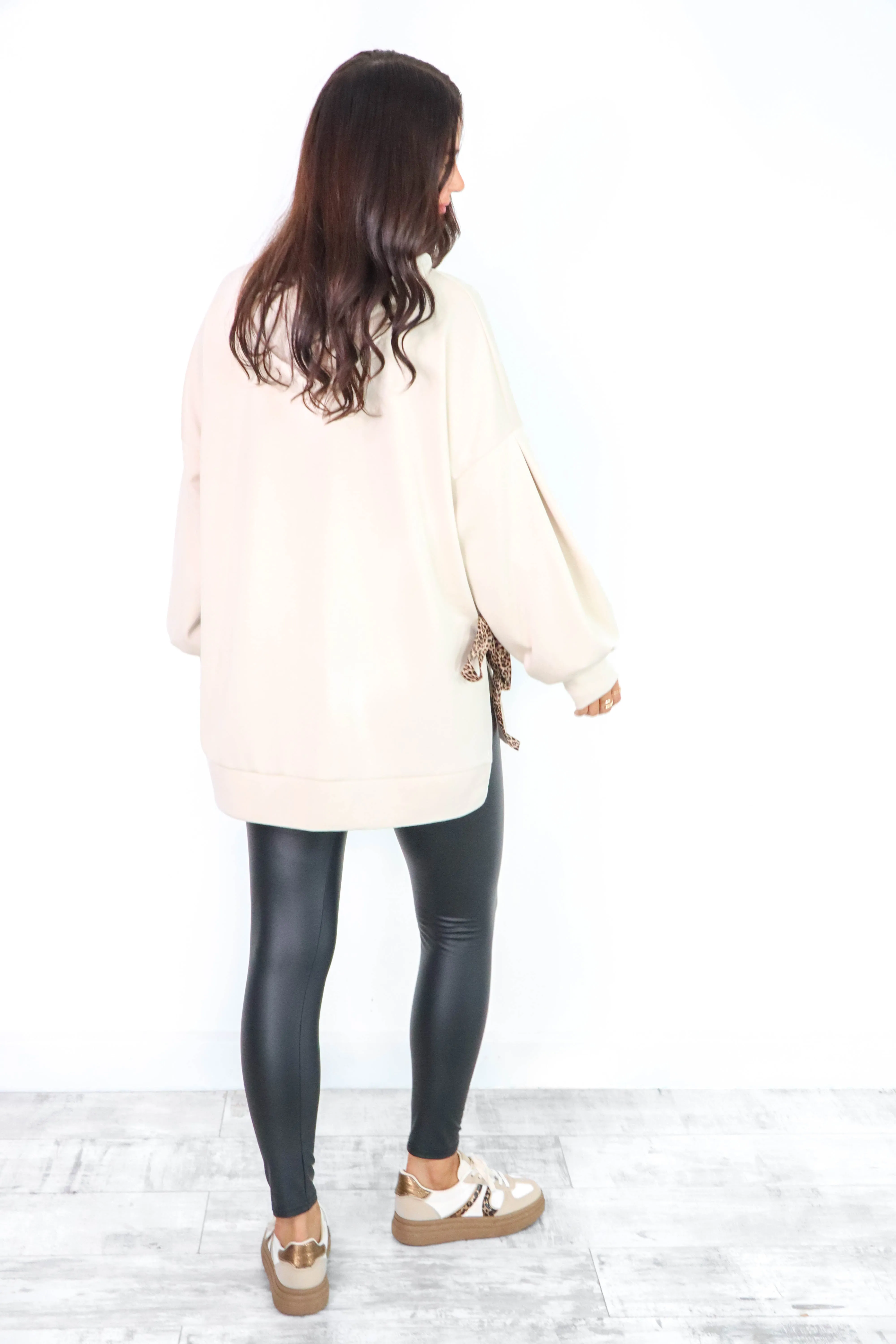 Can't Tie Her Down - Cream Leopard Tie Oversized Hoodie