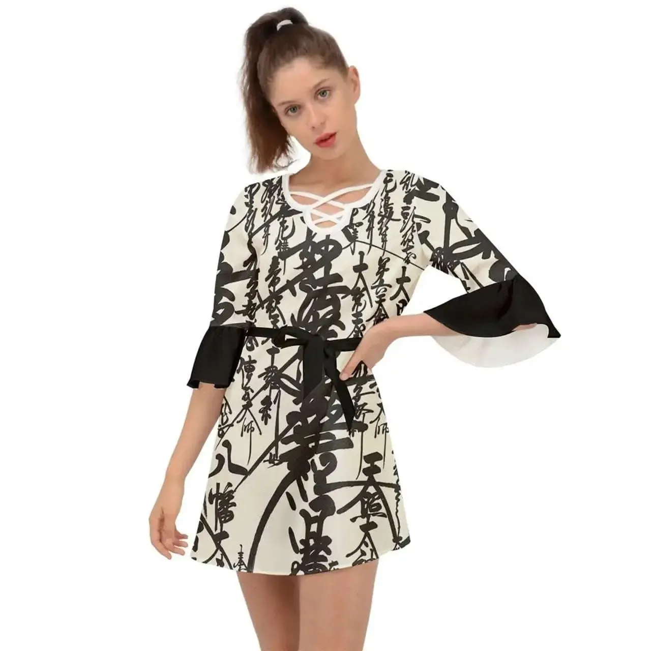 Criss Cross Oriental Print Mini Dress