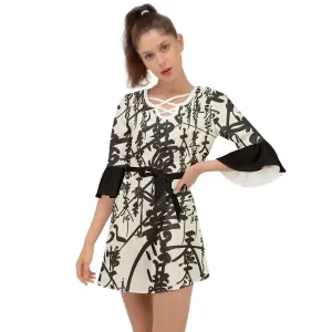Criss Cross Oriental Print Mini Dress
