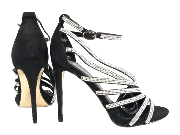 Damen High Heels Abendschuhe Straß Pumps Riemen Black # 9867