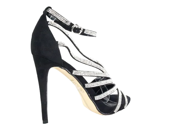 Damen High Heels Abendschuhe Straß Pumps Riemen Black # 9867
