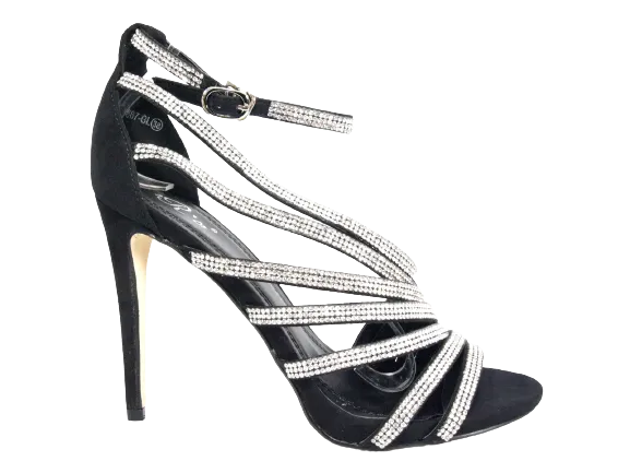Damen High Heels Abendschuhe Straß Pumps Riemen Black # 9867