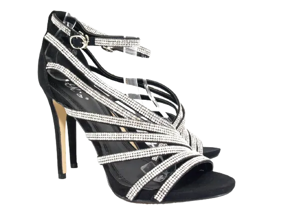 Damen High Heels Abendschuhe Straß Pumps Riemen Black # 9867