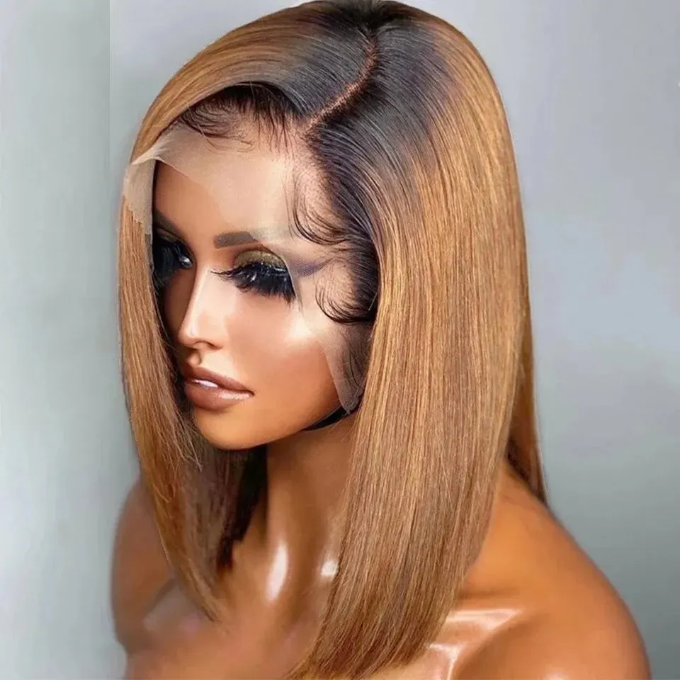 Glueless Human Hair Highlight Edges Bob Wigs 5x5 Lace Front Brown Straight Short Bob Wigs Preplucked HD Lace Closure Wig