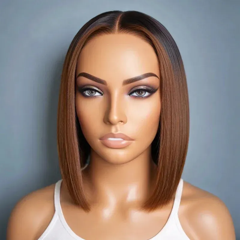 Glueless Human Hair Highlight Edges Bob Wigs 5x5 Lace Front Brown Straight Short Bob Wigs Preplucked HD Lace Closure Wig