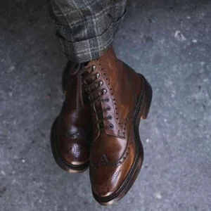Goodyear Welted Brown wingtip brogue leather dress boots, Men brown ankle boots