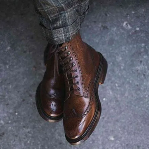 Goodyear Welted Brown wingtip brogue leather dress boots, Men brown ankle boots