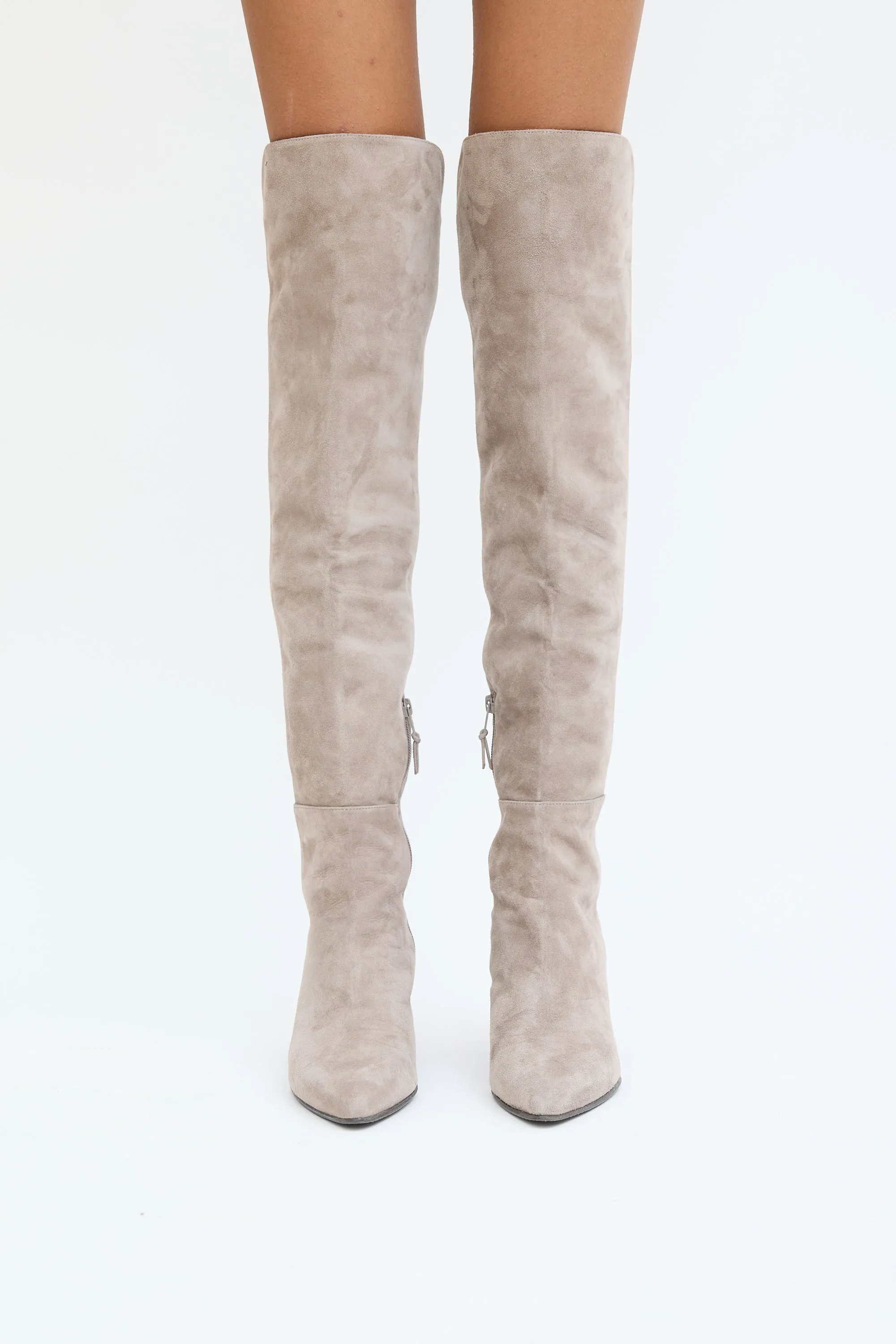 Grey Suede Thigh High Block Heel Boot