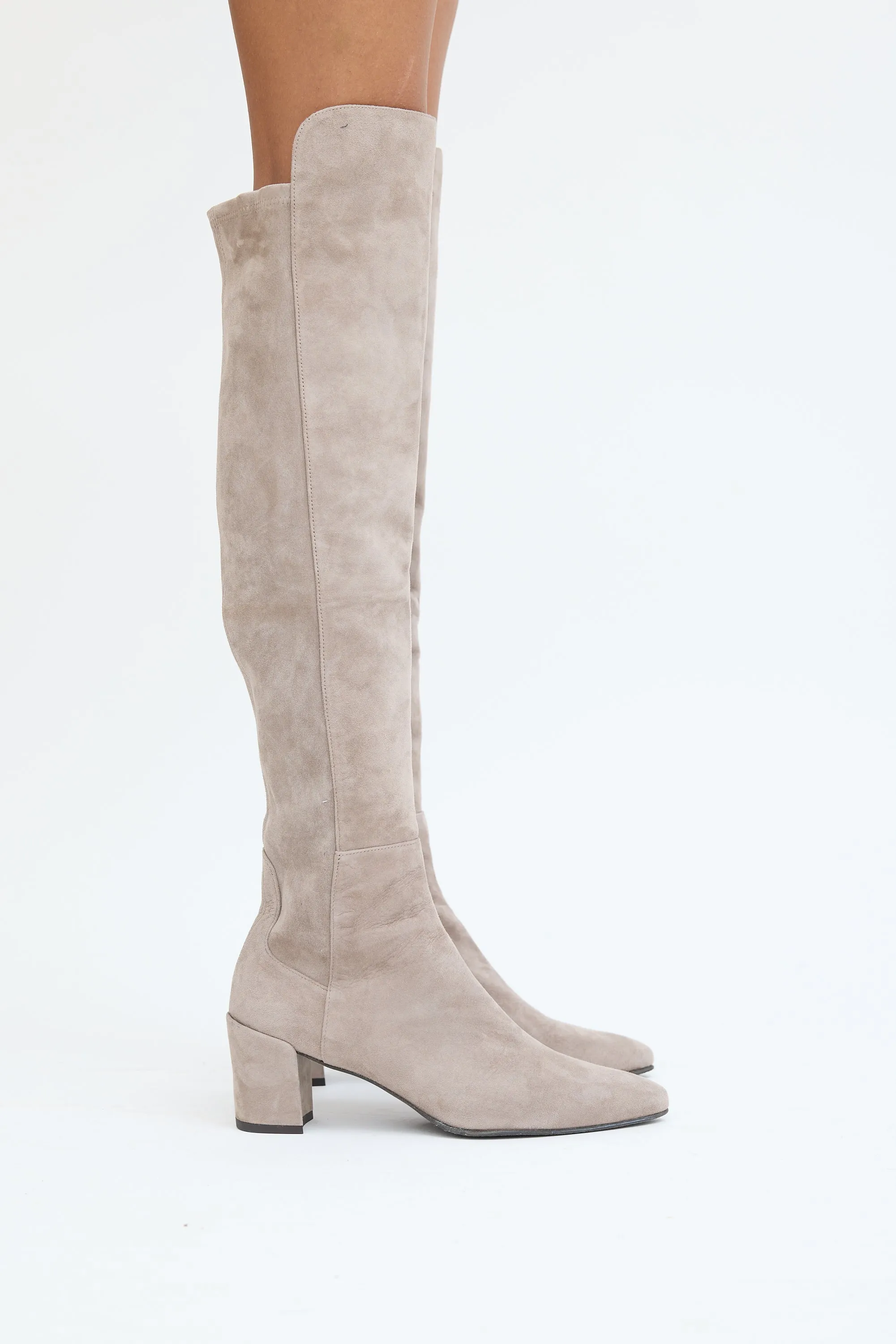 Grey Suede Thigh High Block Heel Boot