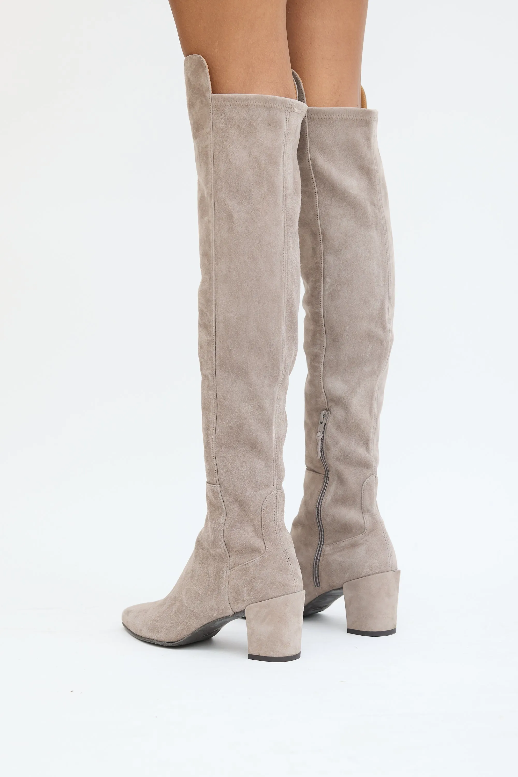 Grey Suede Thigh High Block Heel Boot