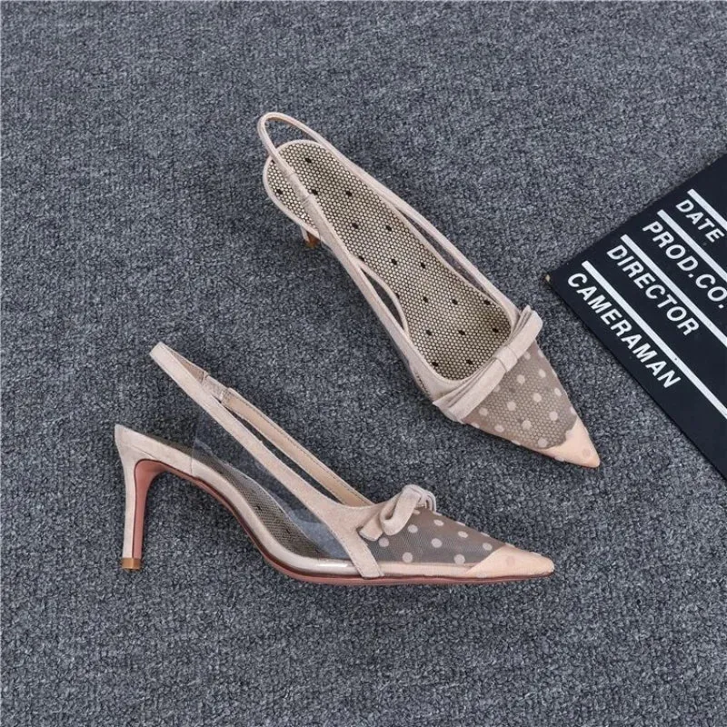 Hnzxzm Footwear Pointed Toe Summer with Medium Heels Sandals for Women Bow Ladies Shoes Black Lace Clear Transparent The Best Sale