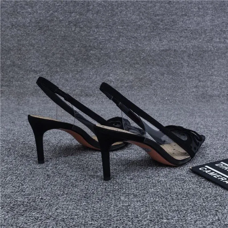 Hnzxzm Footwear Pointed Toe Summer with Medium Heels Sandals for Women Bow Ladies Shoes Black Lace Clear Transparent The Best Sale