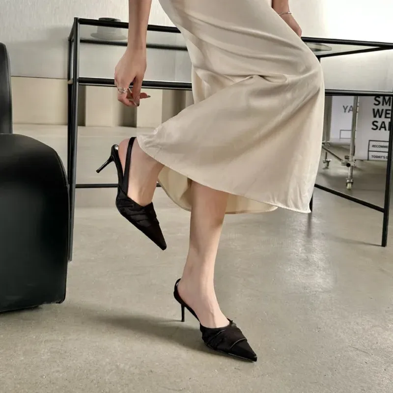 Hnzxzm French Pointed Slim Heeled Kitten Satin Flat Strap High Heels