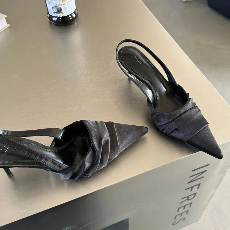 Hnzxzm French Pointed Slim Heeled Kitten Satin Flat Strap High Heels