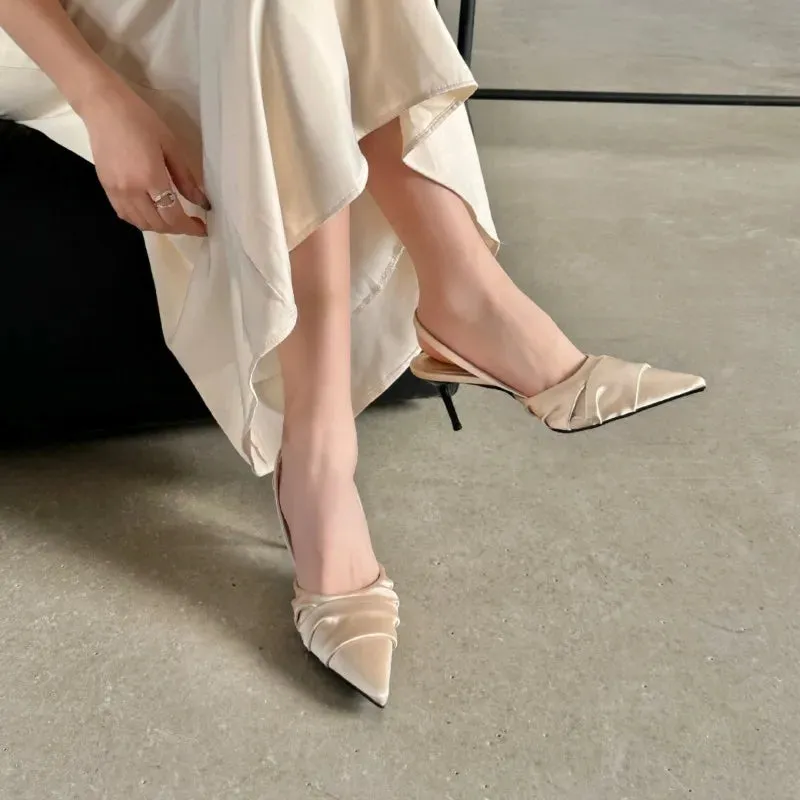Hnzxzm French Pointed Slim Heeled Kitten Satin Flat Strap High Heels