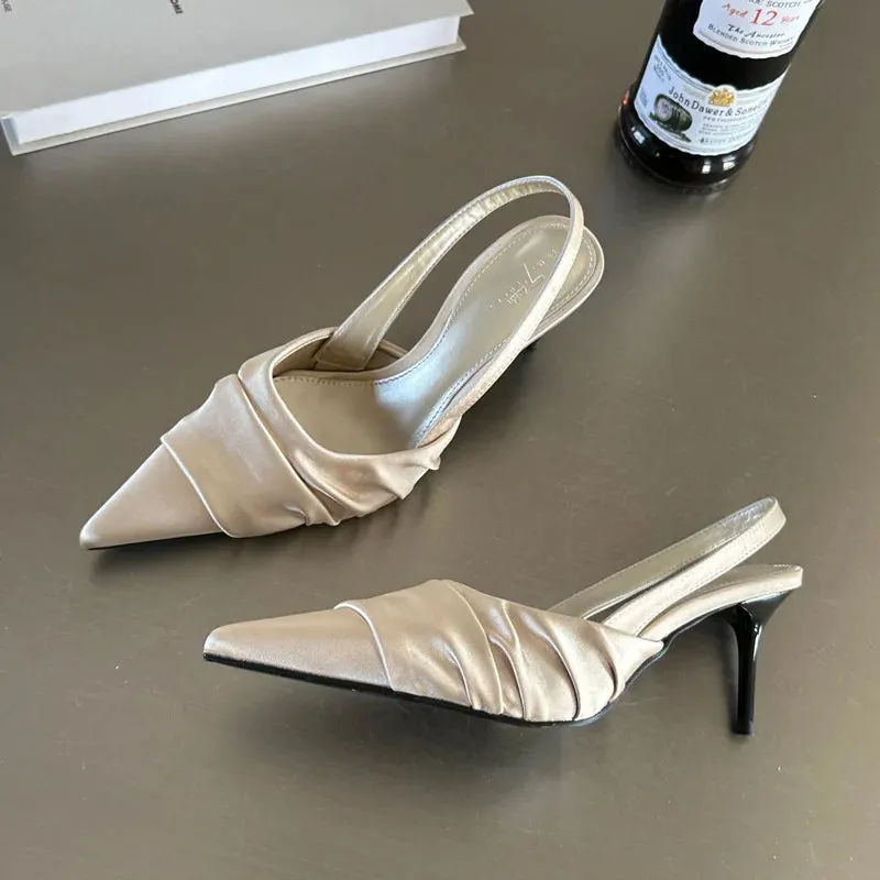 Hnzxzm French Pointed Slim Heeled Kitten Satin Flat Strap High Heels