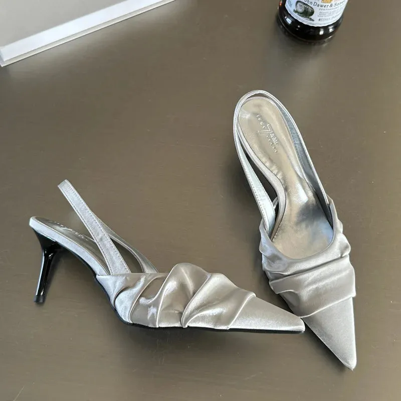 Hnzxzm French Pointed Slim Heeled Kitten Satin Flat Strap High Heels