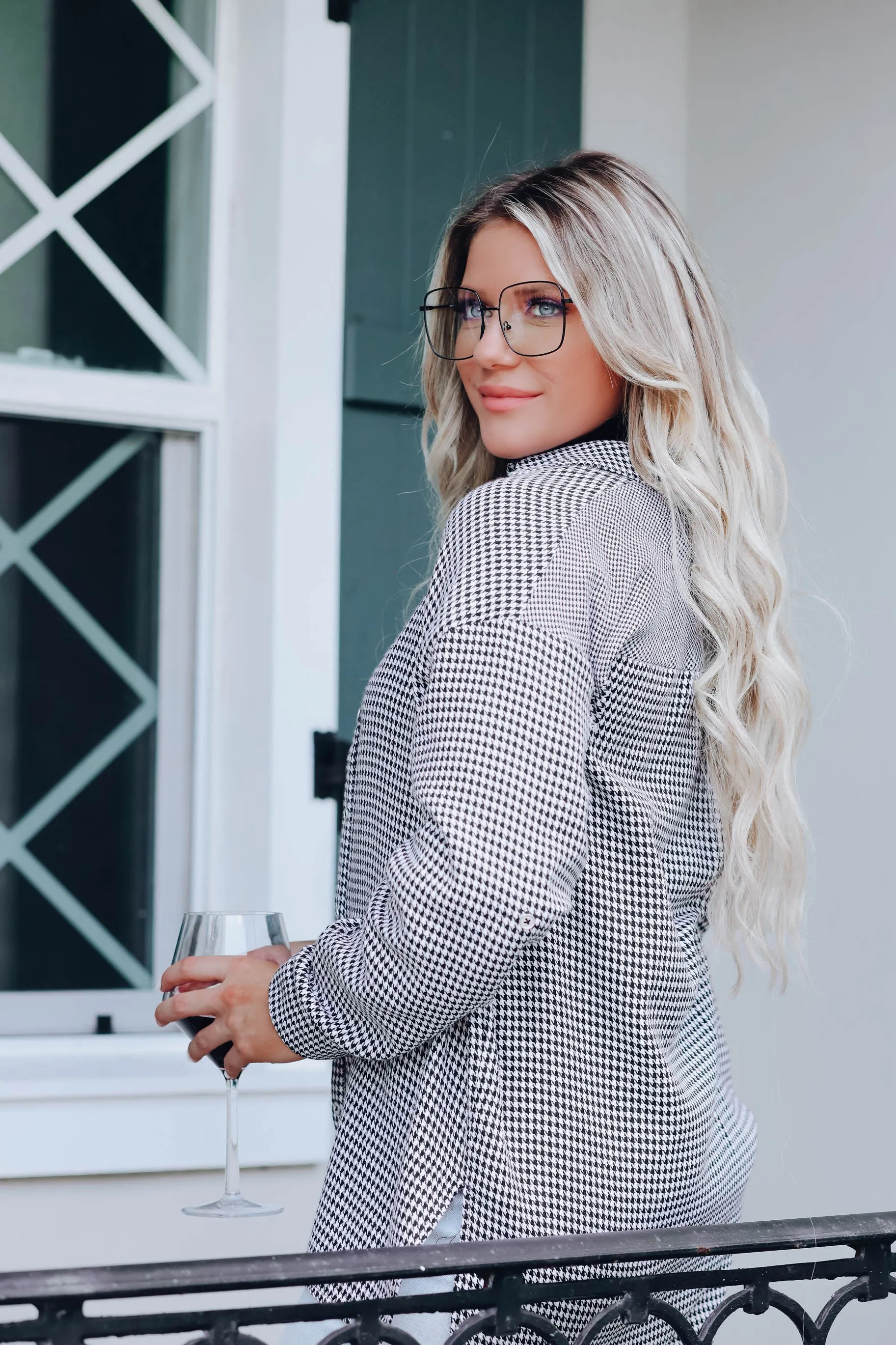 Houndstooth Contrast Button Down Shirt