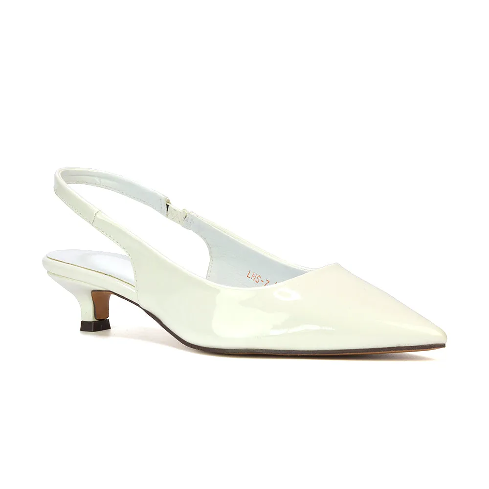 Jenny Pointed Toe Slingback Strappy Kitten Court Heels in Black Patent