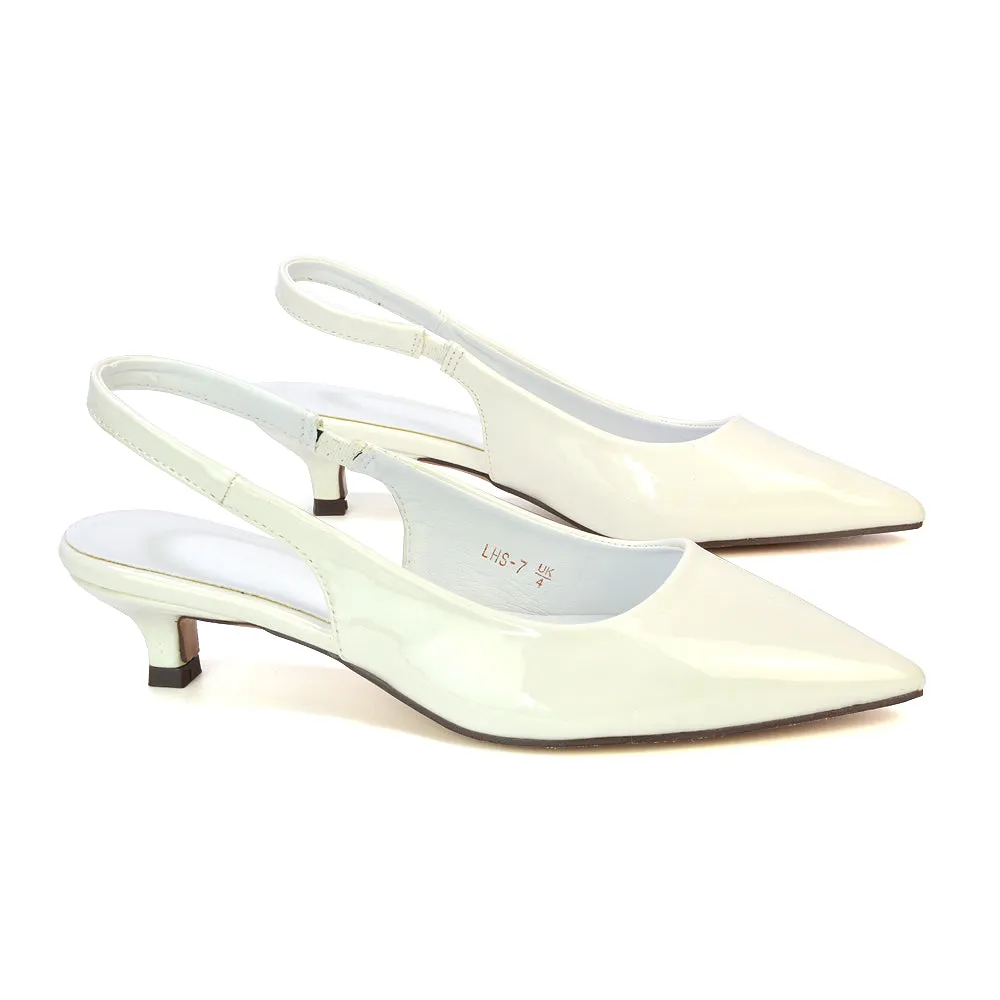 Jenny Pointed Toe Slingback Strappy Kitten Court Heels in Black Patent