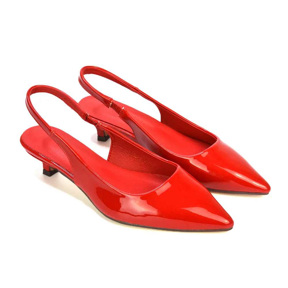 Jenny Pointed Toe Slingback Strappy Kitten Court Heels in Black Patent