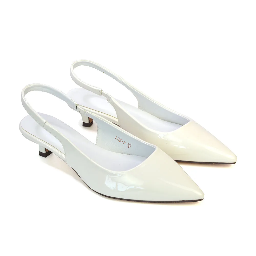 Jenny Pointed Toe Slingback Strappy Kitten Court Heels in Black Patent