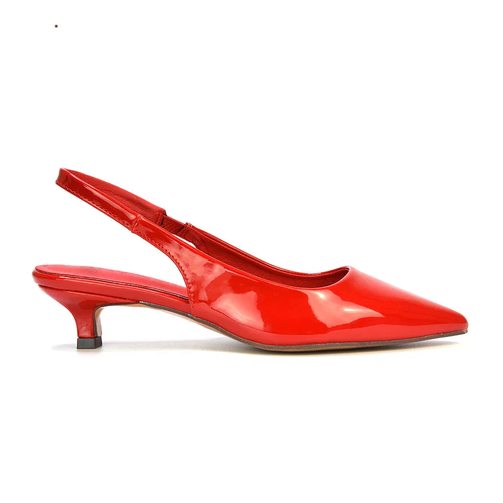 Jenny Pointed Toe Slingback Strappy Kitten Court Heels in Black Patent