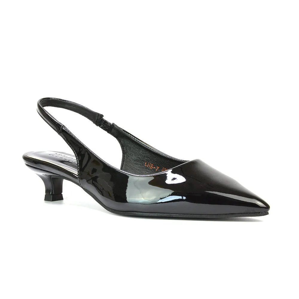 Jenny Pointed Toe Slingback Strappy Kitten Court Heels in Black Patent