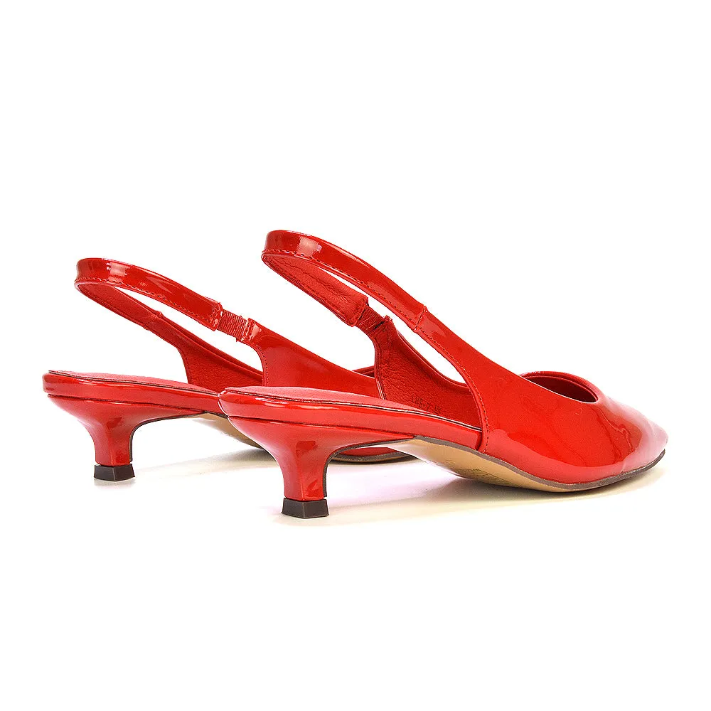 Jenny Pointed Toe Slingback Strappy Kitten Court Heels in Black Patent