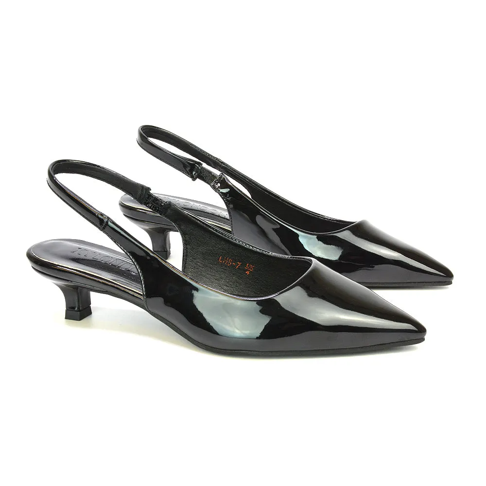 Jenny Pointed Toe Slingback Strappy Kitten Court Heels in Black Patent
