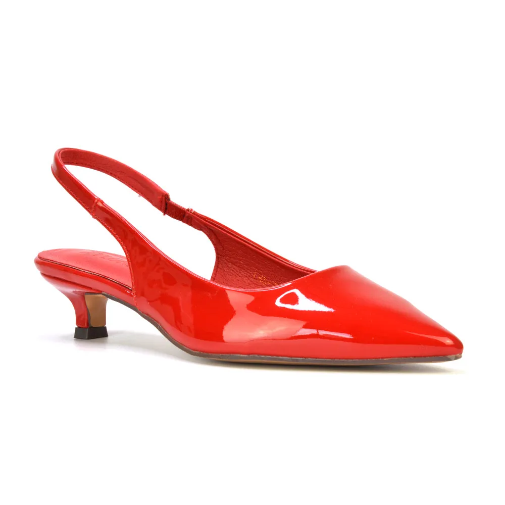 Jenny Pointed Toe Slingback Strappy Kitten Court Heels in Black Patent