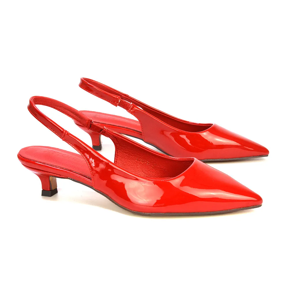 Jenny Pointed Toe Slingback Strappy Kitten Court Heels in Black Patent