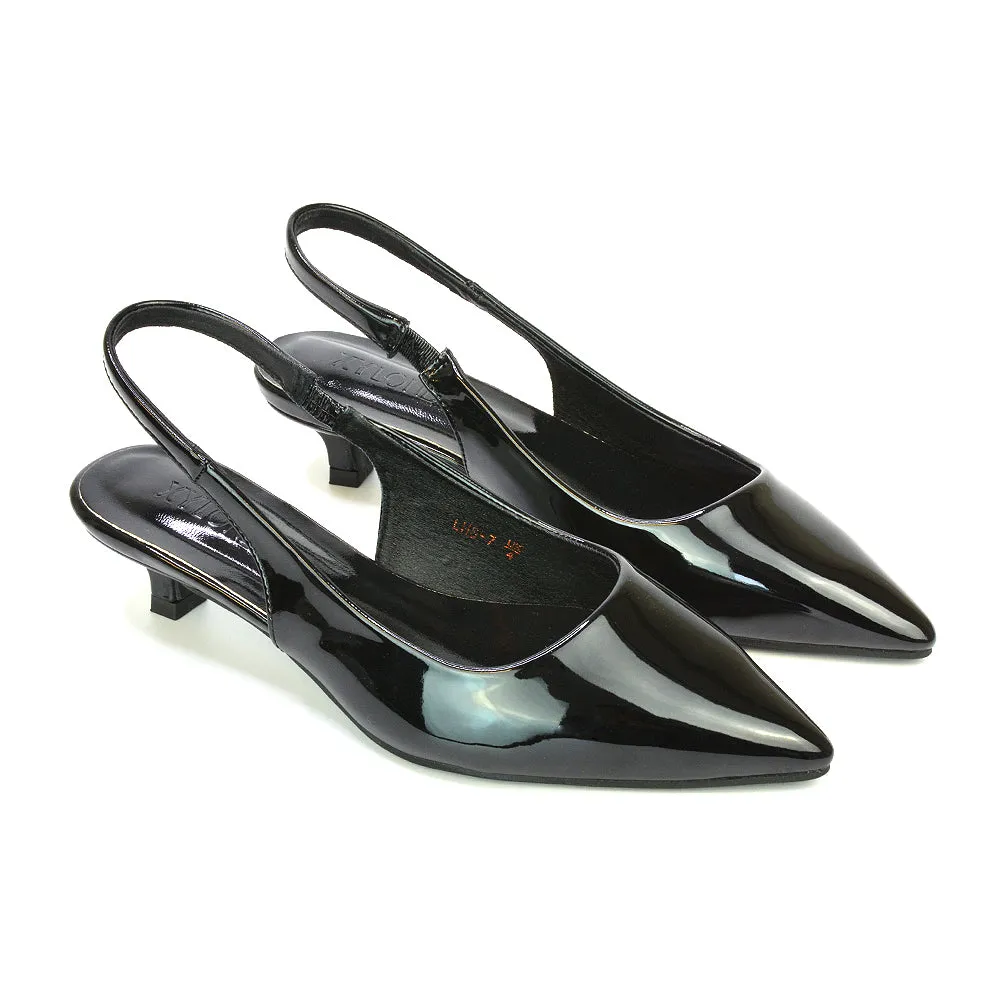 Jenny Pointed Toe Slingback Strappy Kitten Court Heels in Black Patent