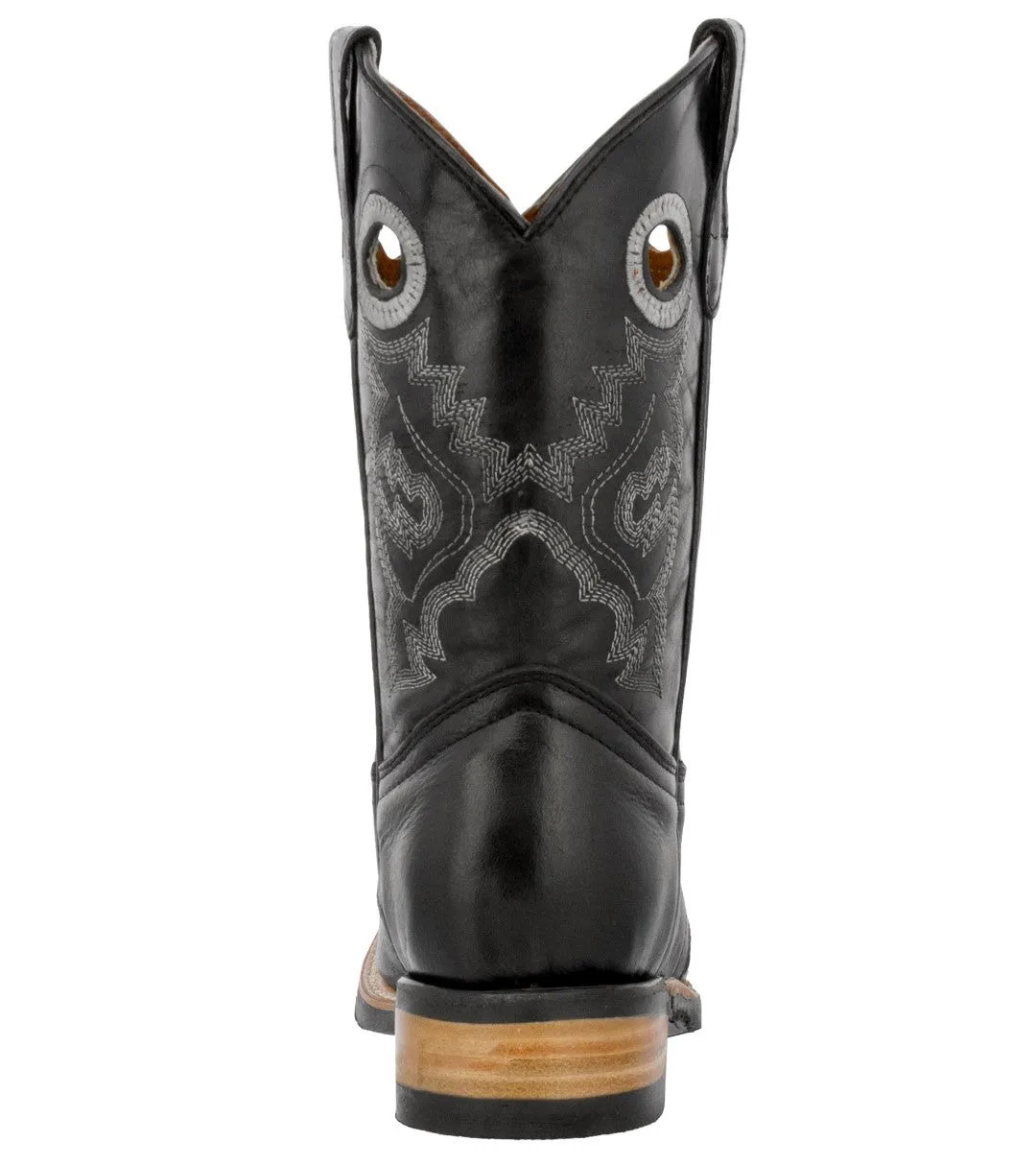 Kids Unisex Real Stitched Leather Western Boots Black Pull On Square Toe Botas