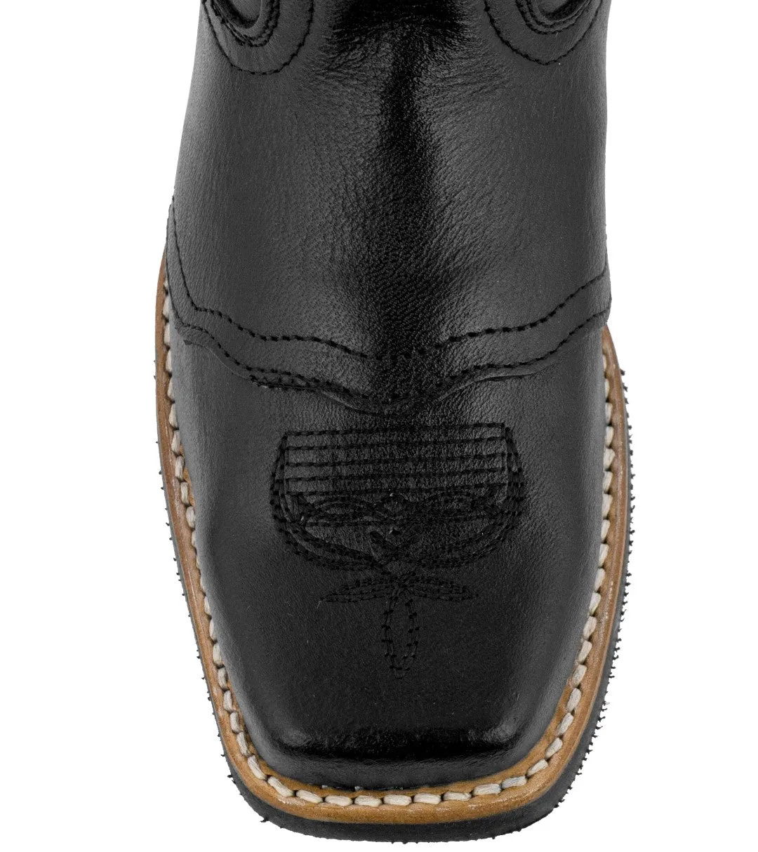 Kids Unisex Real Stitched Leather Western Boots Black Pull On Square Toe Botas