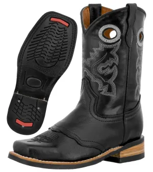 Kids Unisex Real Stitched Leather Western Boots Black Pull On Square Toe Botas