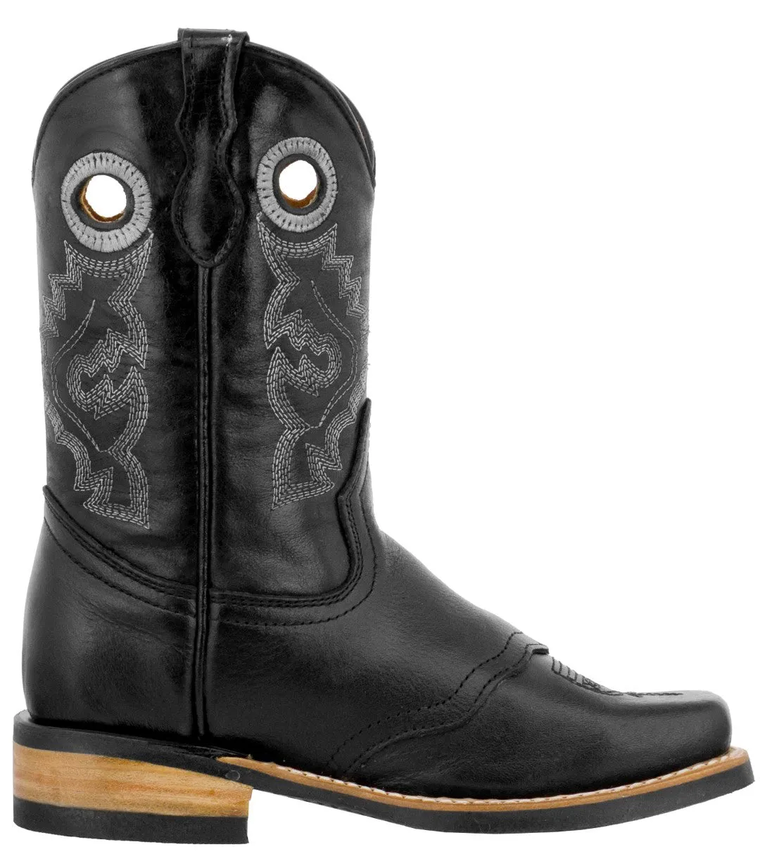 Kids Unisex Real Stitched Leather Western Boots Black Pull On Square Toe Botas