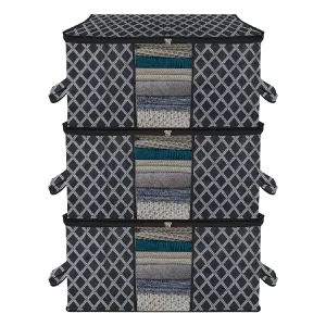 Kuber Industries Underbed Storage Bag | Clothes Storage Organizer | Blanket Cover with Clear Window | Zipper Closure & Handle Cloth Organizer | Check-Design | Large | Pack of 3 | Black