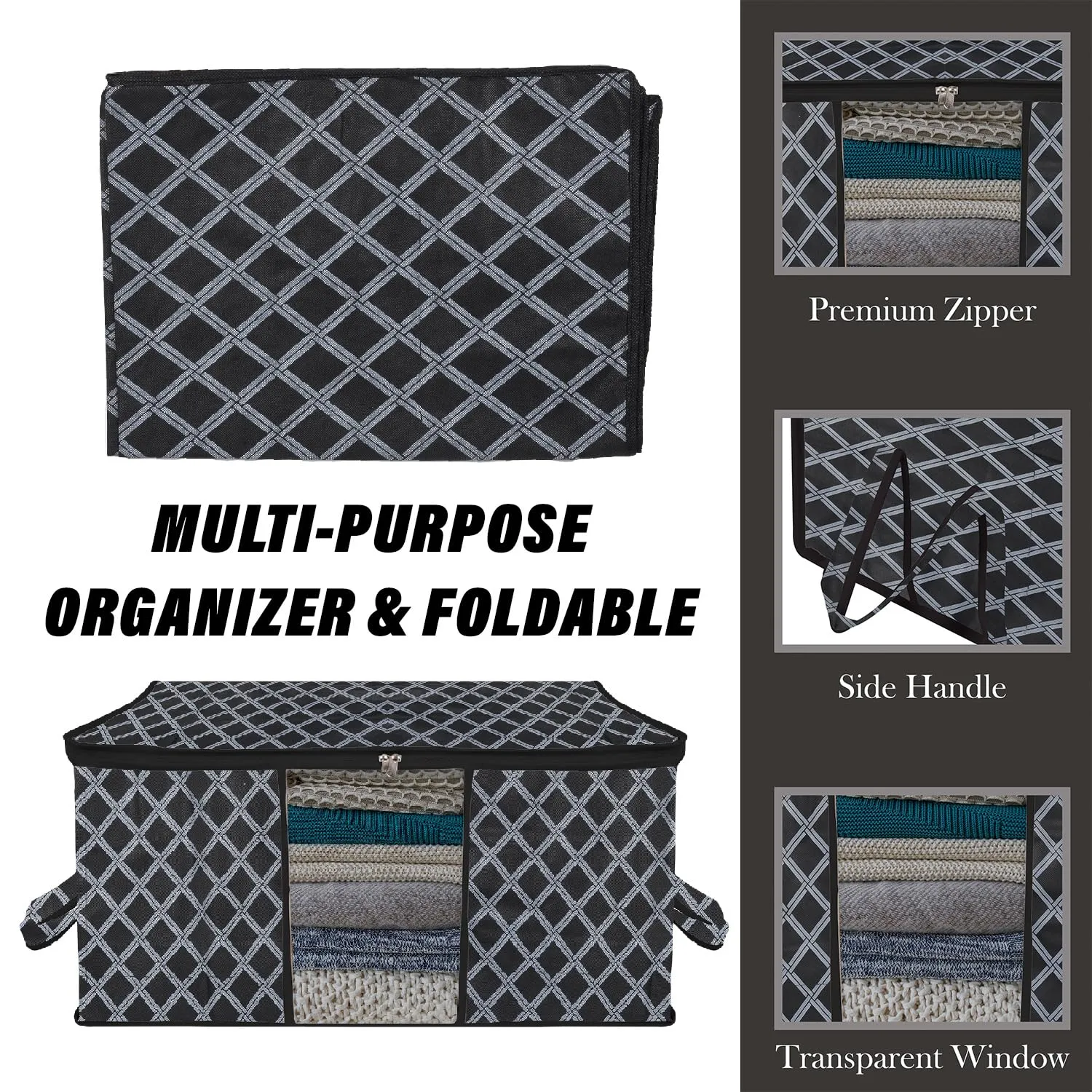 Kuber Industries Underbed Storage Bag | Clothes Storage Organizer | Blanket Cover with Clear Window | Zipper Closure & Handle Cloth Organizer | Check-Design | Large | Pack of 3 | Black