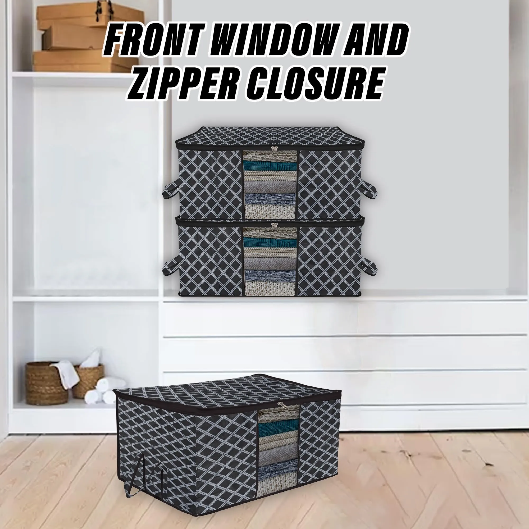Kuber Industries Underbed Storage Bag | Clothes Storage Organizer | Blanket Cover with Clear Window | Zipper Closure & Handle Cloth Organizer | Check-Design | Large | Pack of 3 | Black