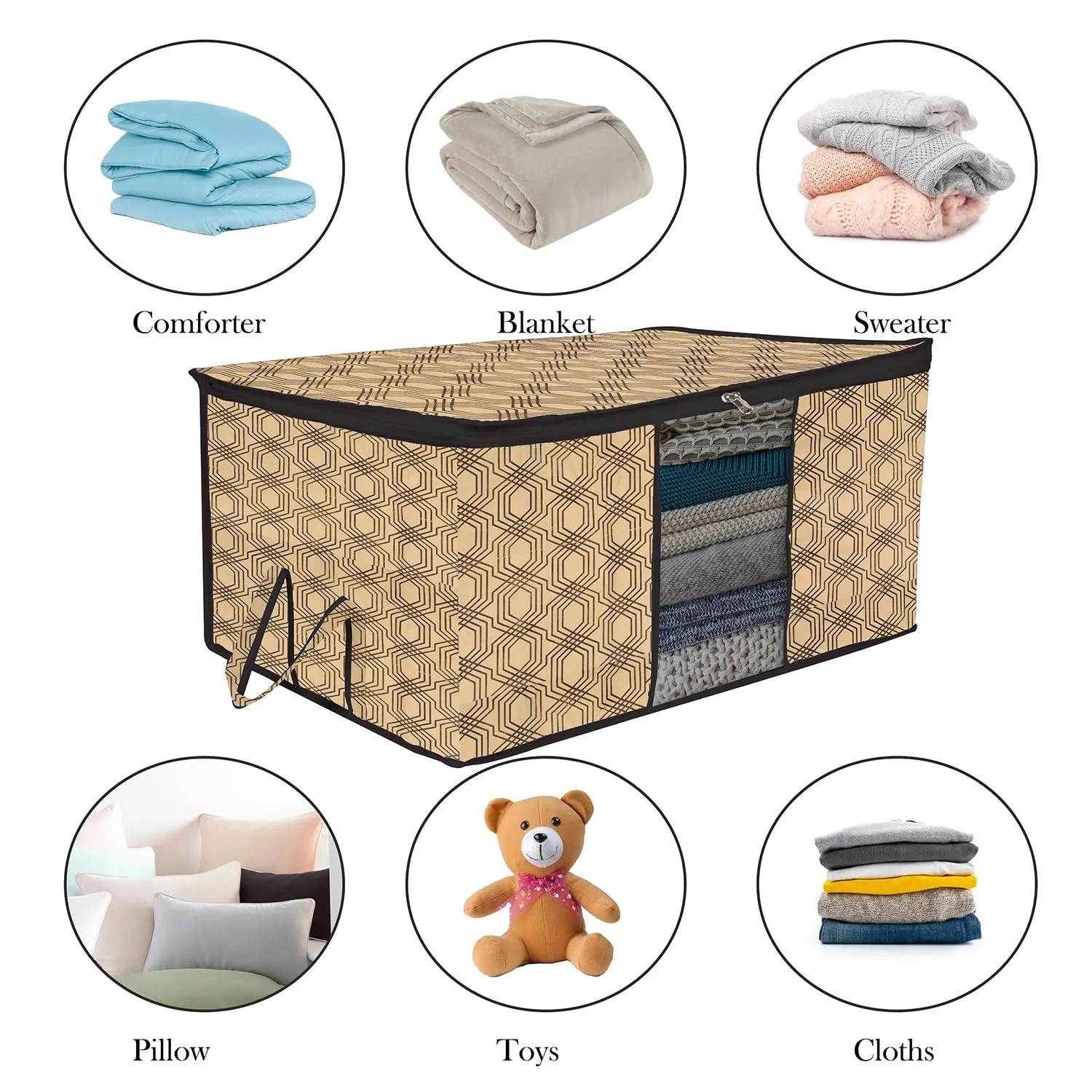 Kuber Industries Underbed Storage Bag | Clothes Storage Organizer | Blanket Cover with Clear Window | Zipper Closure & Handle Cloth Organizer | Check-Design | Large | Pack of 3 | Coffee
