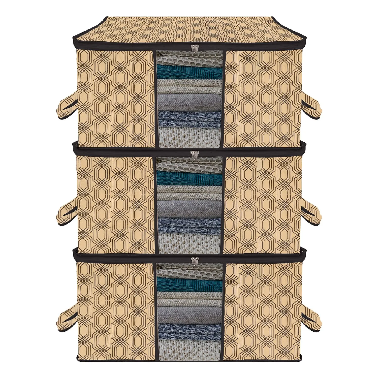 Kuber Industries Underbed Storage Bag | Clothes Storage Organizer | Blanket Cover with Clear Window | Zipper Closure & Handle Cloth Organizer | Check-Design | Large | Pack of 3 | Coffee
