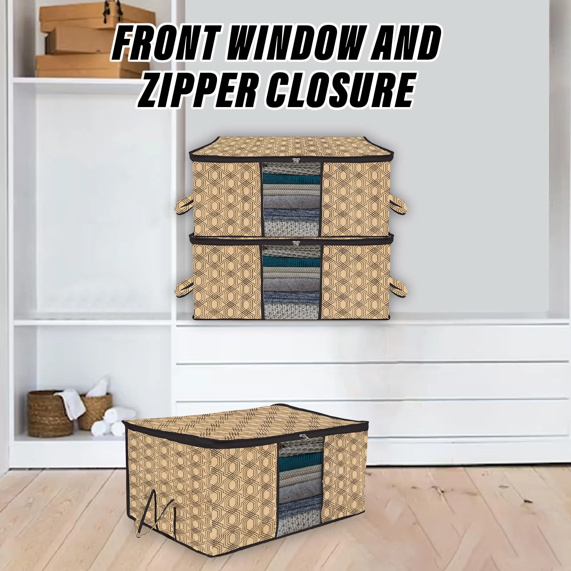 Kuber Industries Underbed Storage Bag | Clothes Storage Organizer | Blanket Cover with Clear Window | Zipper Closure & Handle Cloth Organizer | Check-Design | Large | Pack of 3 | Coffee